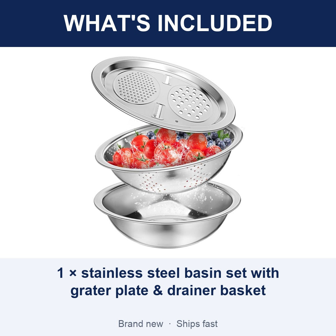 Stainless Steel Colander Strainer Basin Set with Vegetable Grater Plate and Drainer Basket