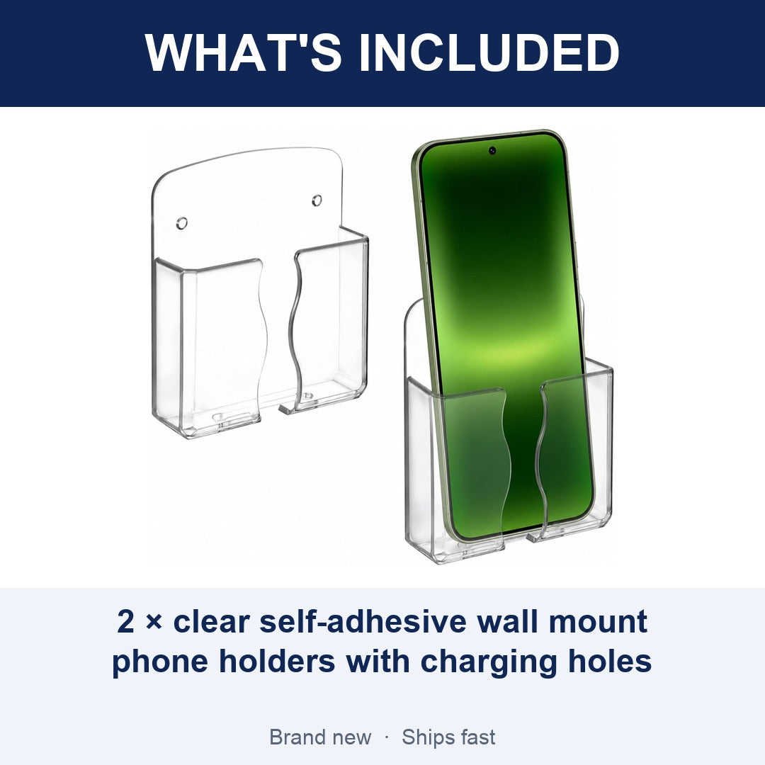 2-Pack Transparent Wall Mount Phone Holders with Charging Hole, Self-Adhesive Bedside Stand