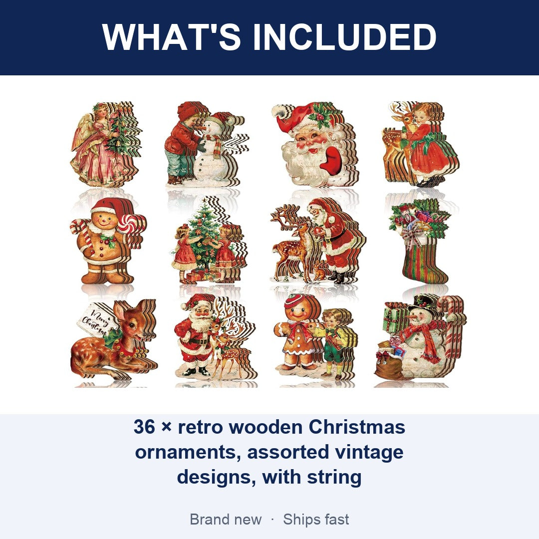 36-Piece Retro Wooden Christmas Tree Ornaments, Vintage Hanging Decor, Assorted Designs