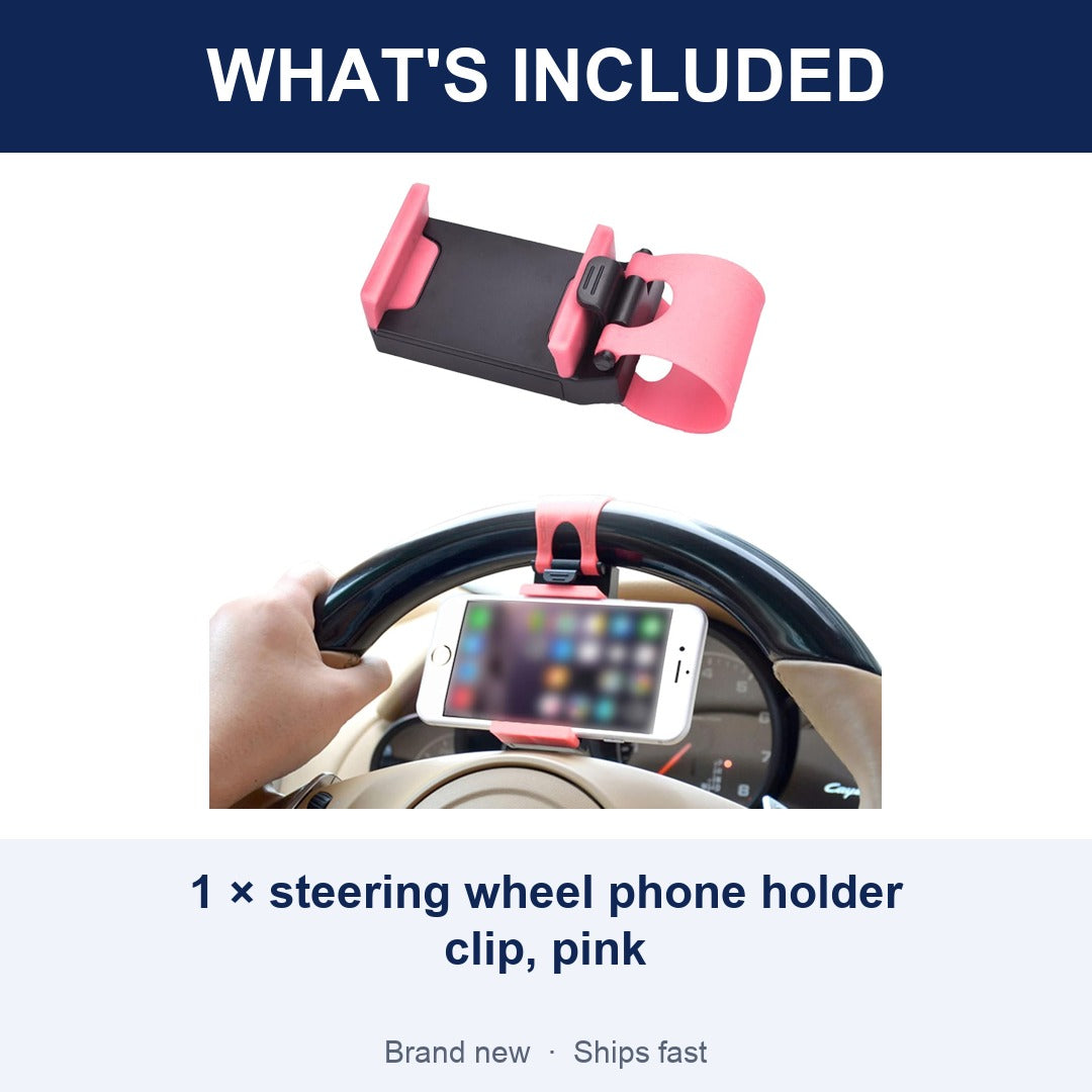 Car Steering Wheel Phone Holder, Universal Clip-On Mount for Smartphones up to 6.7 in