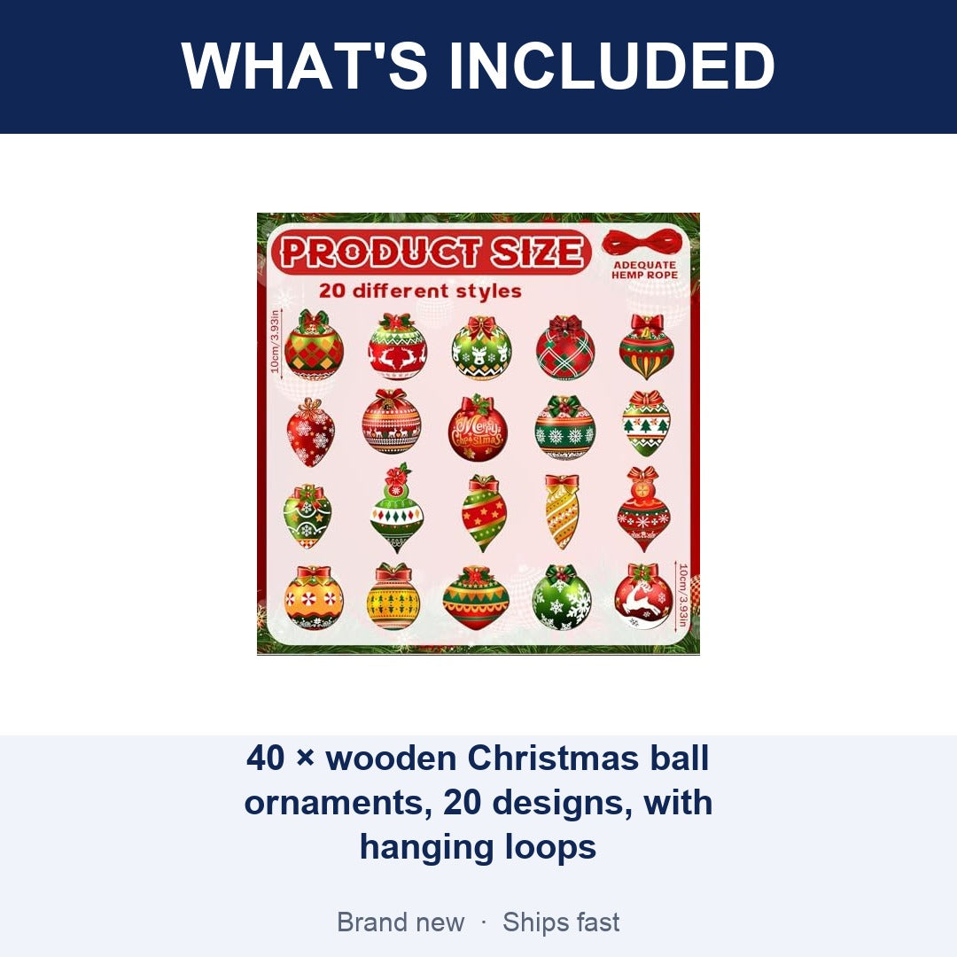 40-Piece Wooden Christmas Ball Ornaments, Red, Green and Gold Hanging Tree Decor
