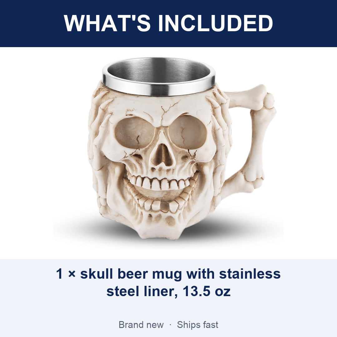 Stainless Steel Skull Beer Mug, 13.5 oz Gothic 3D Skull Tankard