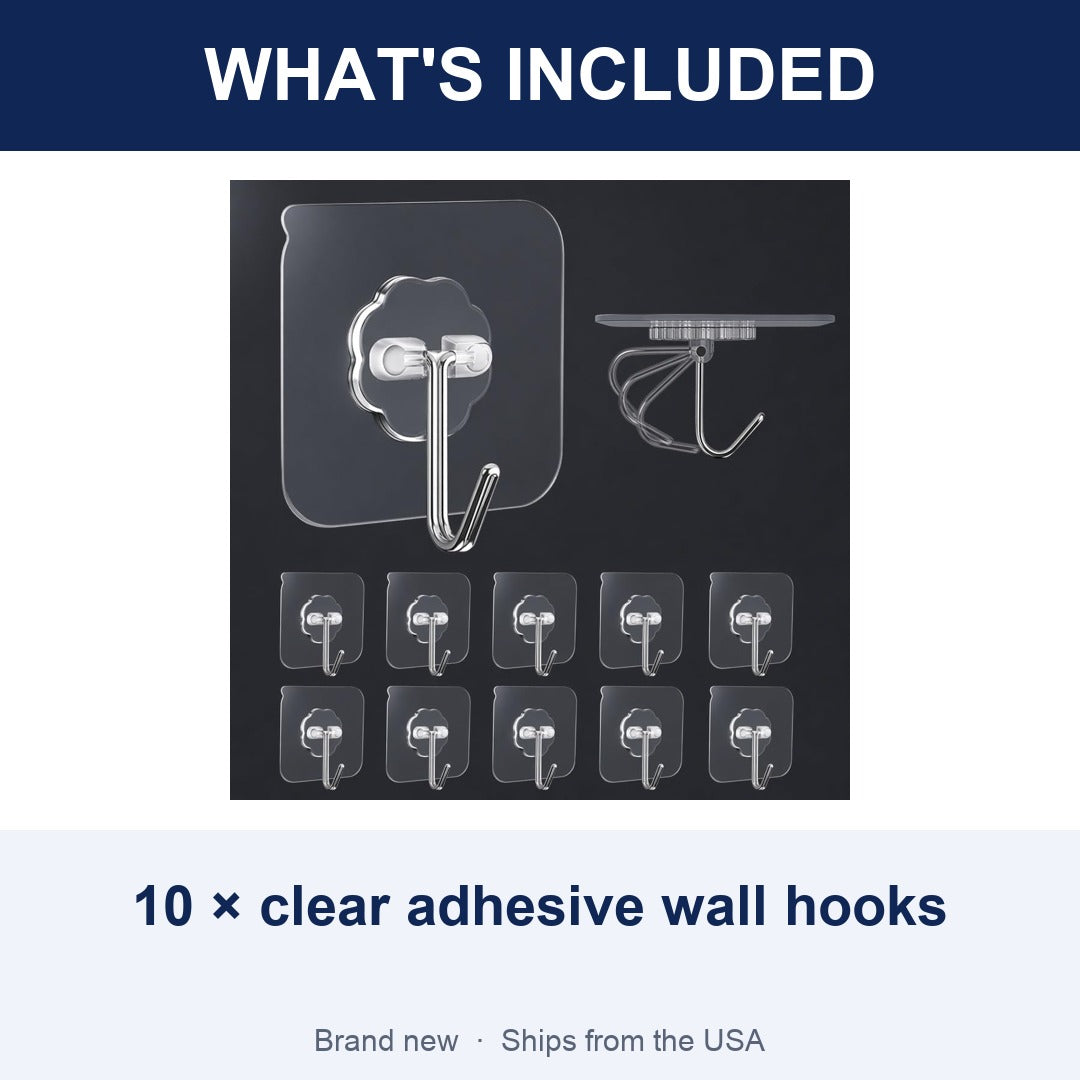 10-Pack Heavy Duty Adhesive Wall Hooks, Clear Waterproof Towel & Coat Hooks