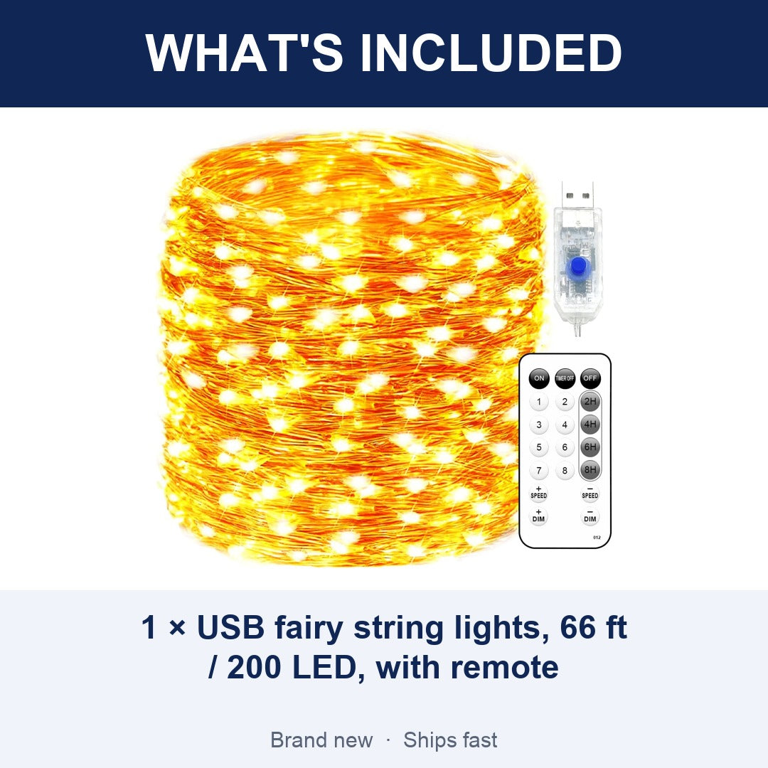66 ft 200 LED USB Fairy String Lights, Warm White Copper Wire Twinkle Lights for Bedroom