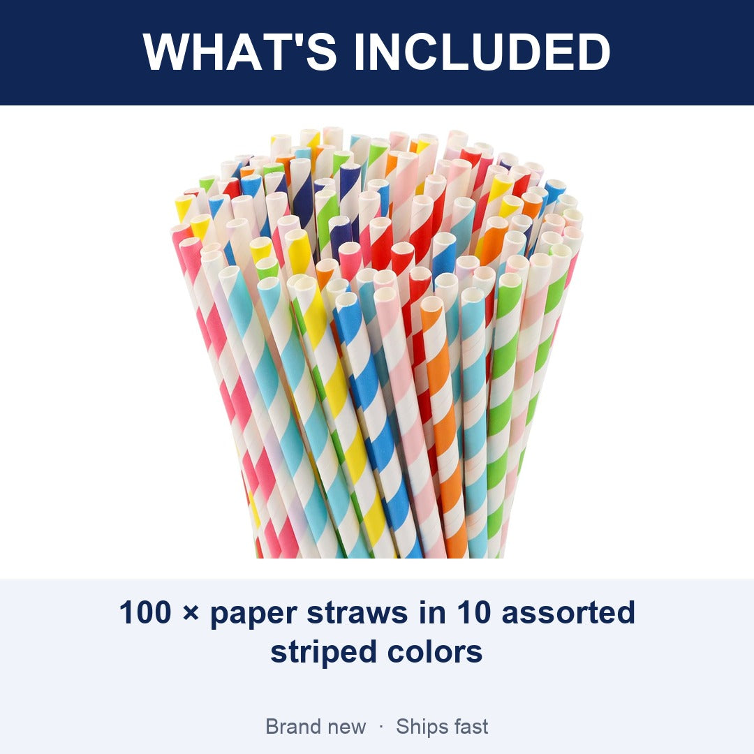 100-Pack Rainbow Striped Paper Straws, 10 Assorted Colors, Biodegradable Drinking Straws