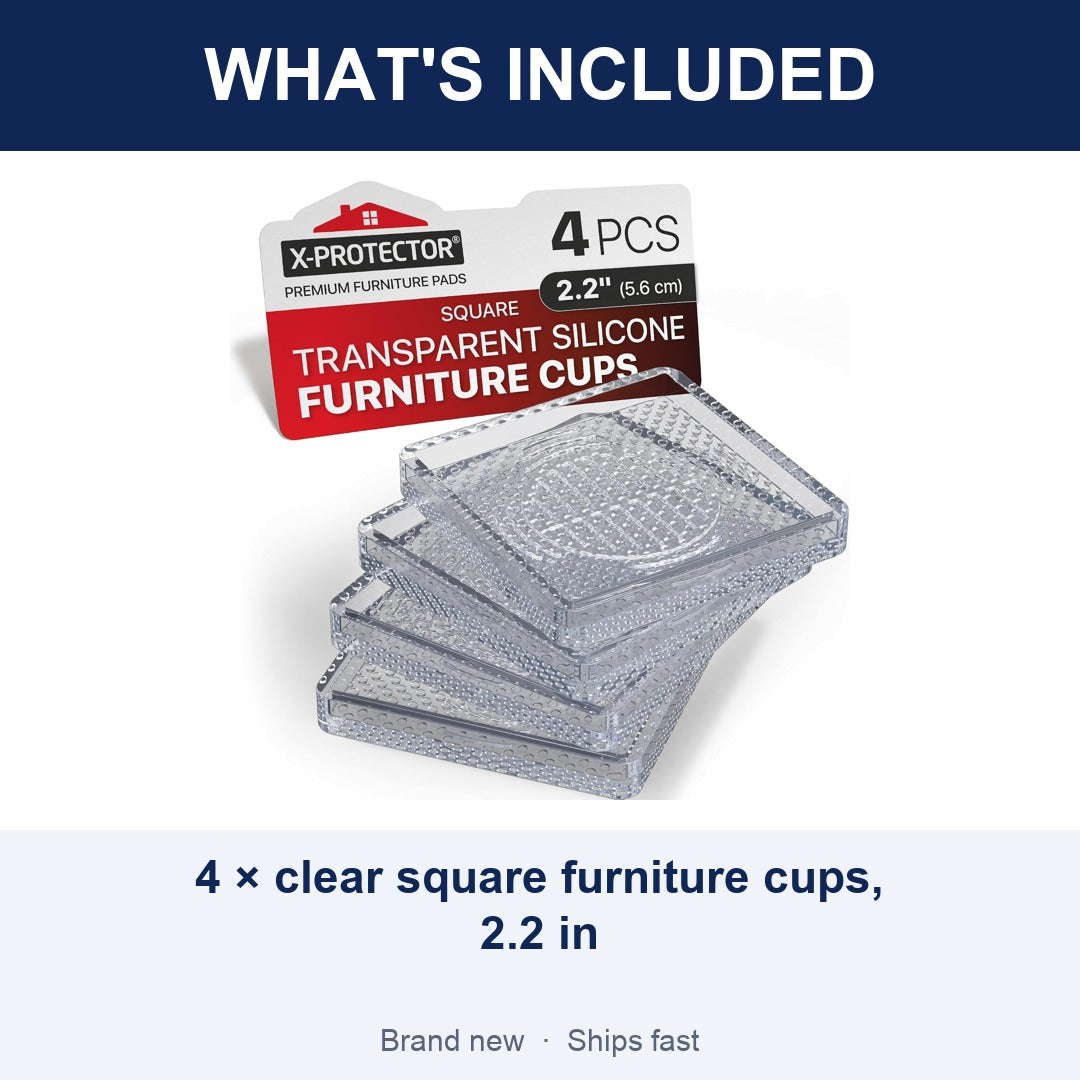 4-Pack Clear Furniture Cups, 2.2 Inch Square Non-Slip Pads for Hardwood Floors