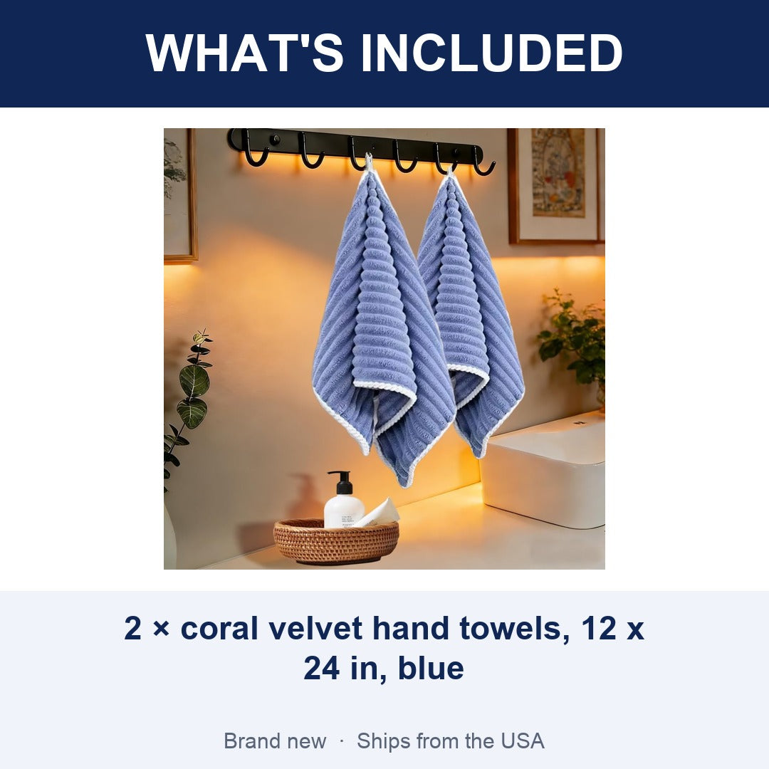 2-Pack Soft Coral Velvet Hand Towels 12 x 24 in, Quick-Dry Microfiber Towels