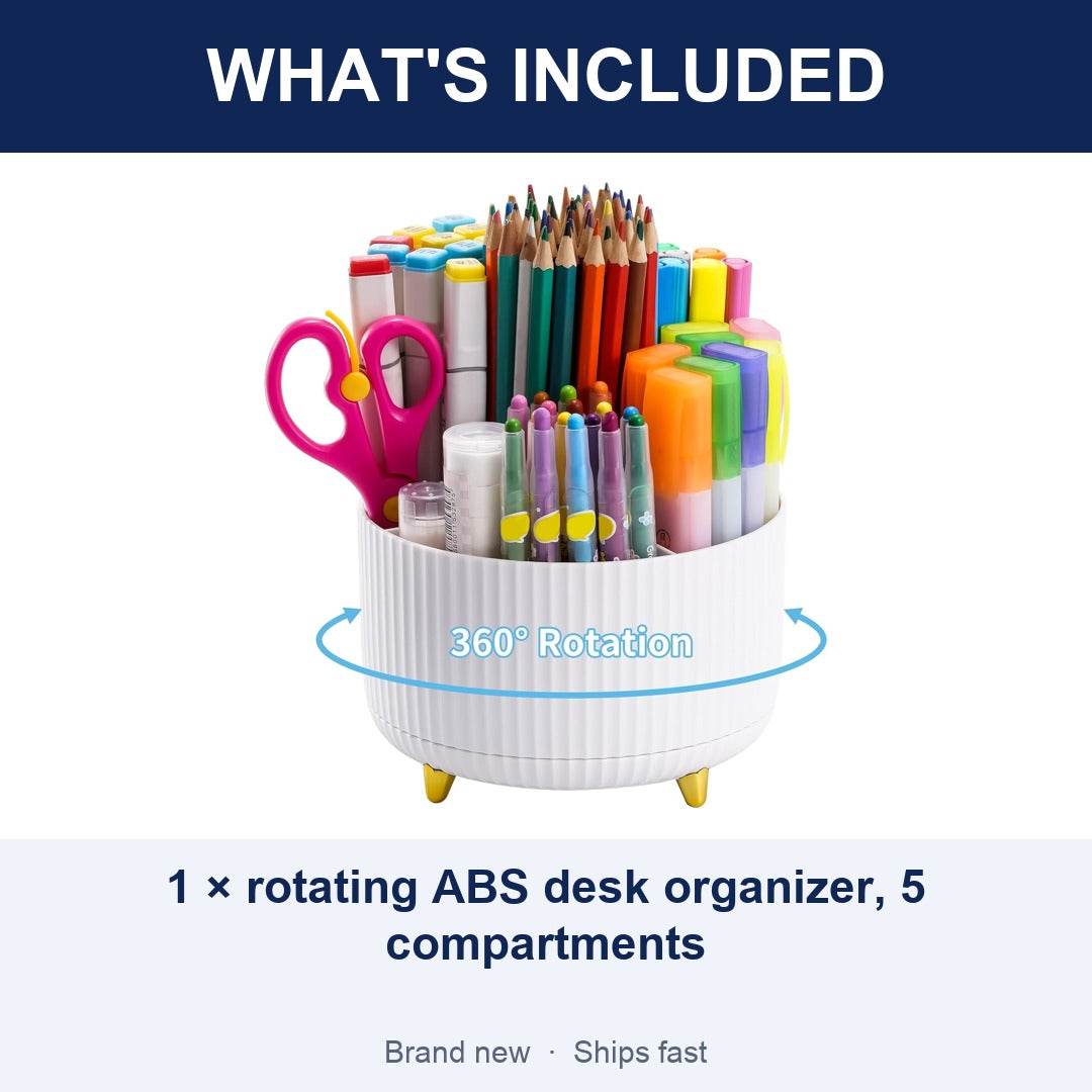 360 Degree Rotating Desk Organizer, 5-Compartment Pen and Art Supply Holder
