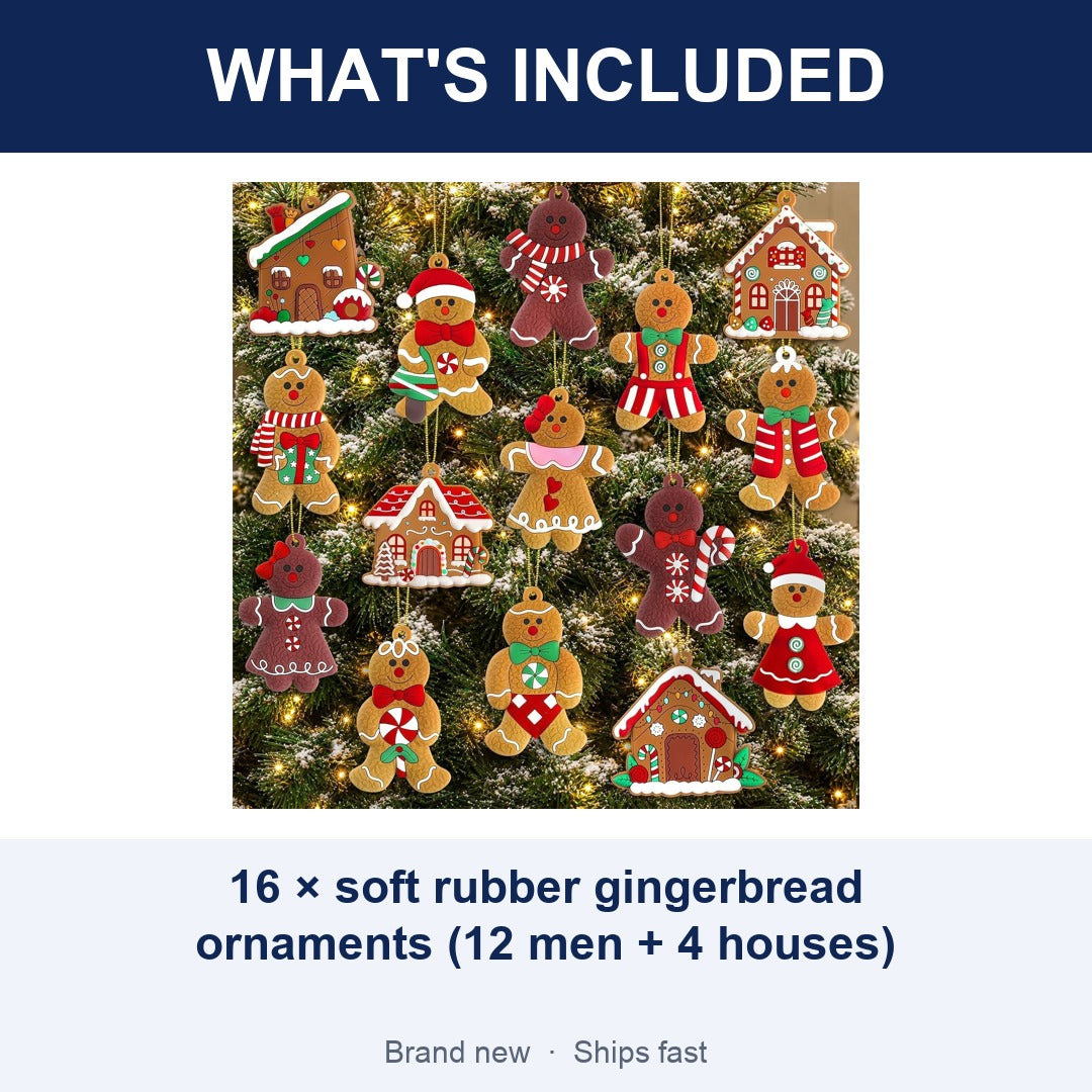 16-Piece Gingerbread Man Christmas Tree Ornaments, Soft Rubber Hanging Decorations