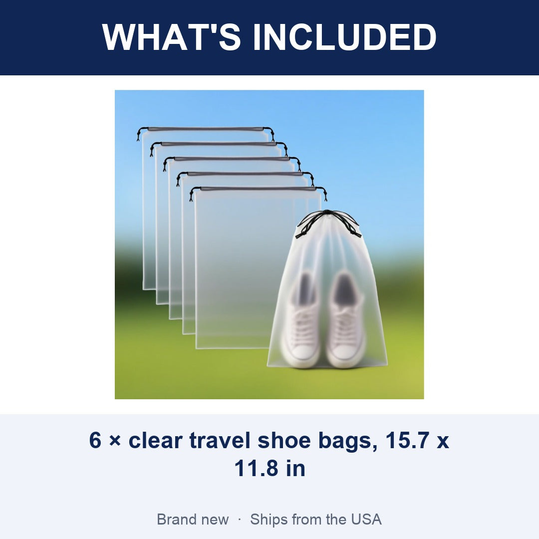 6-Pack Clear Travel Shoe Bags 15.7 x 11.8 in, Drawstring Suitcase Packing Bags