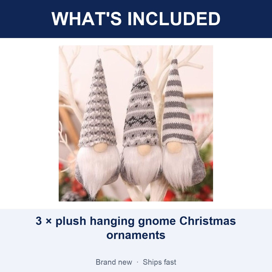 3-Piece Plush Gnome Christmas Tree Ornaments, Swedish Santa Elf Hanging Decorations