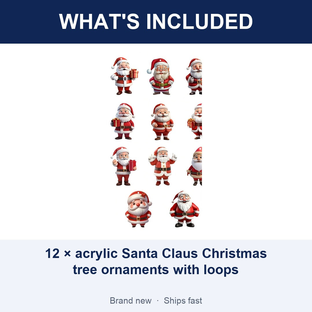12-Piece Cartoon Santa Claus Christmas Tree Ornaments, Acrylic Hanging Decorations