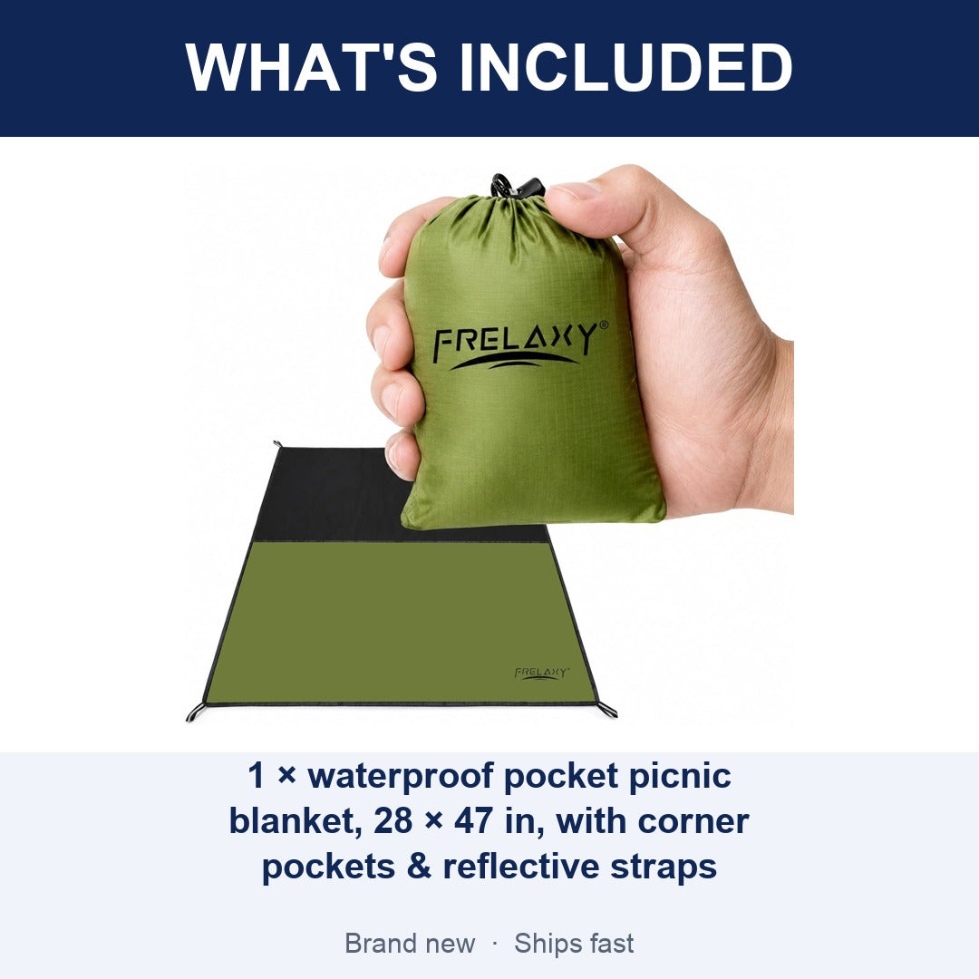 Waterproof Pocket Picnic Blanket, Compact 28 x 47 Inch Beach and Festival Mat