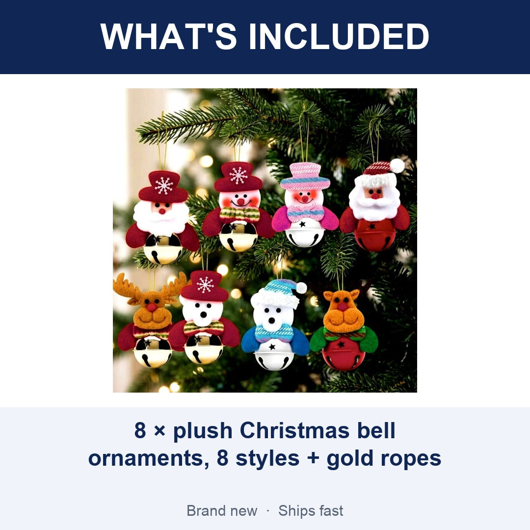 8-Piece Christmas Plush Bell Ornament Set, Santa and Bear Hanging Decorations
