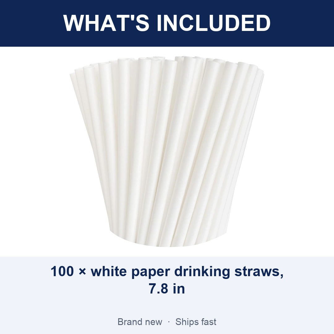 100-Pack White Paper Straws, 7.8 Inch Biodegradable Drinking Straws