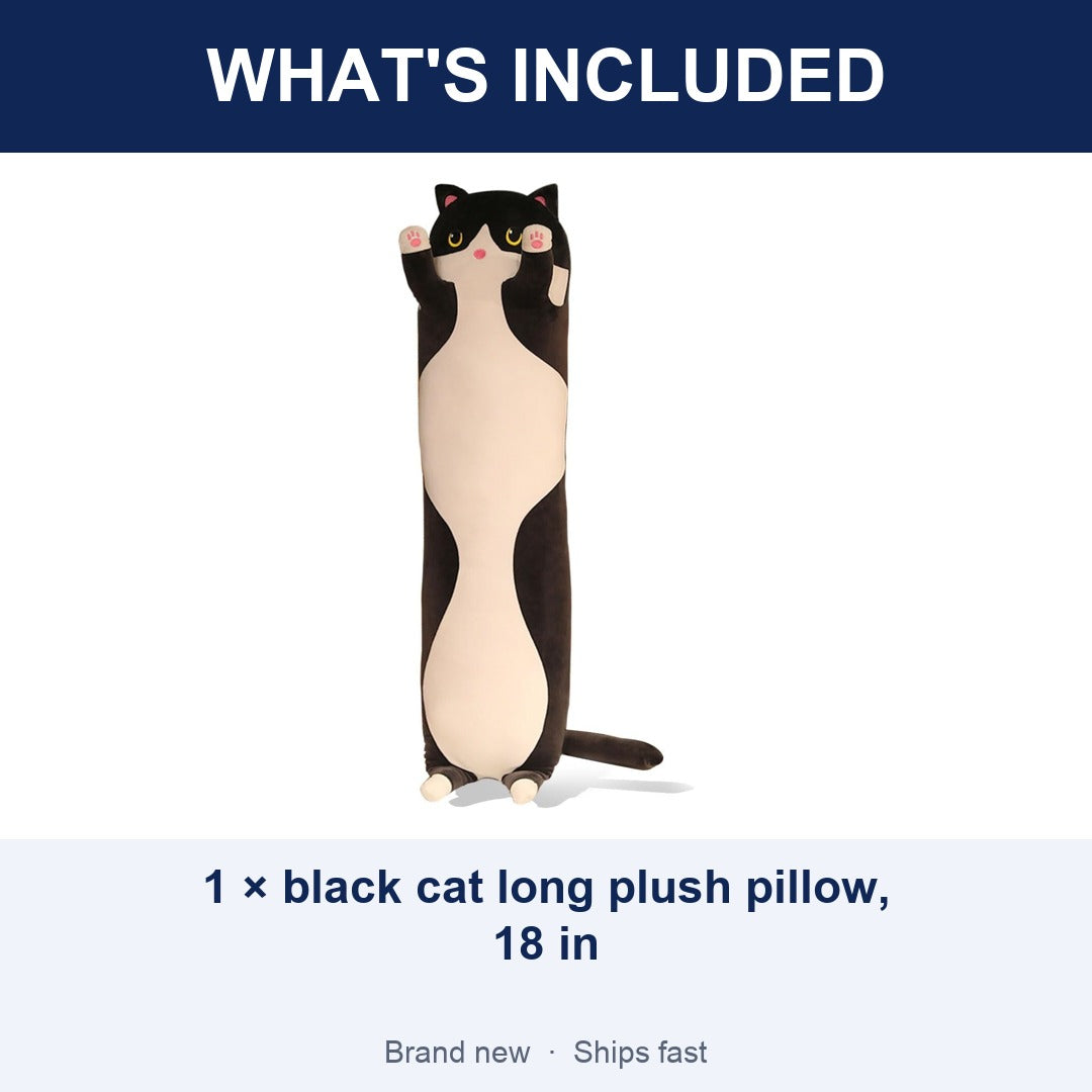 Black Cat Long Plush Pillow, 18 Inch Stuffed Animal Sleeping Throw Pillow