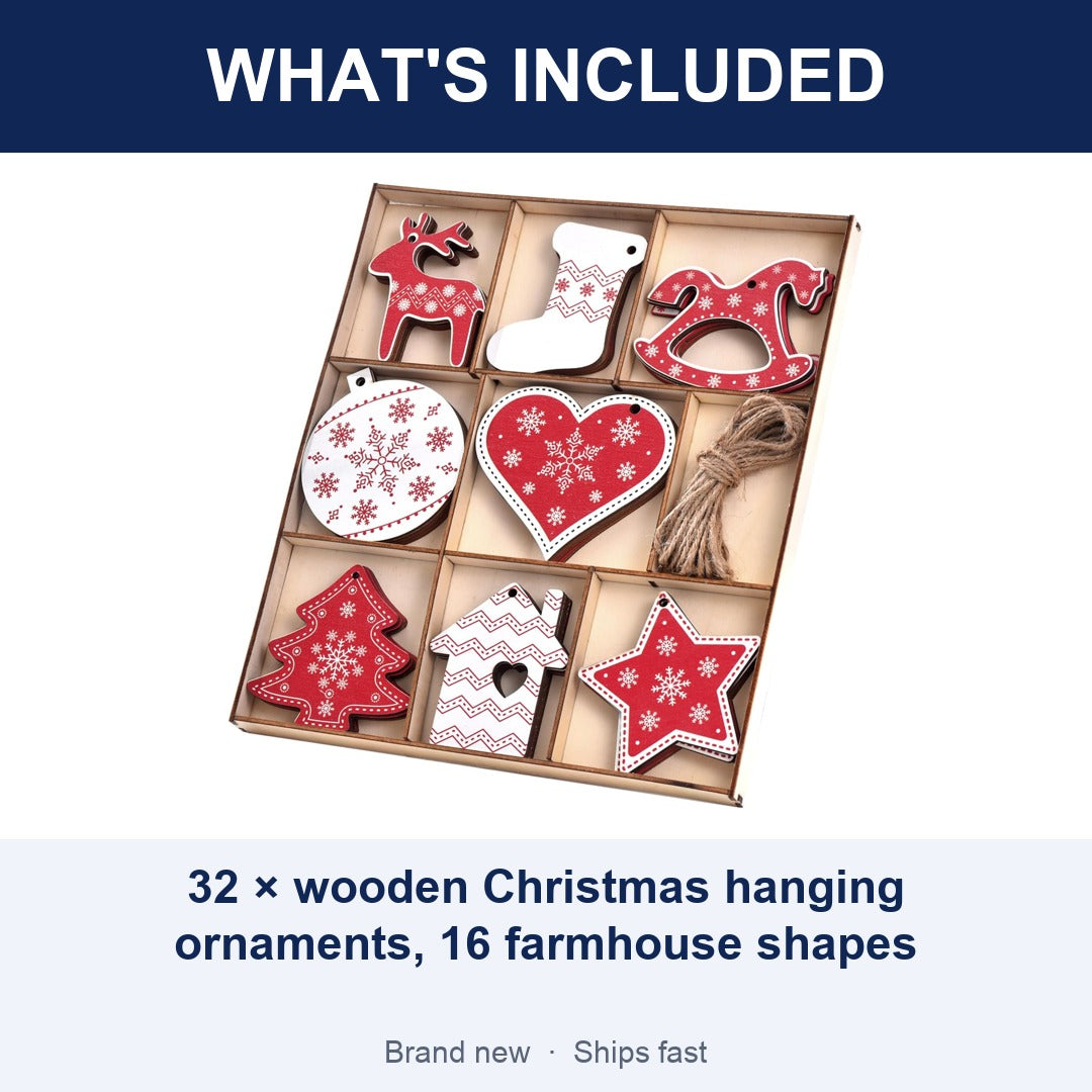 32-Piece Rustic Wooden Christmas Tree Hanging Ornaments, 16 Farmhouse Styles