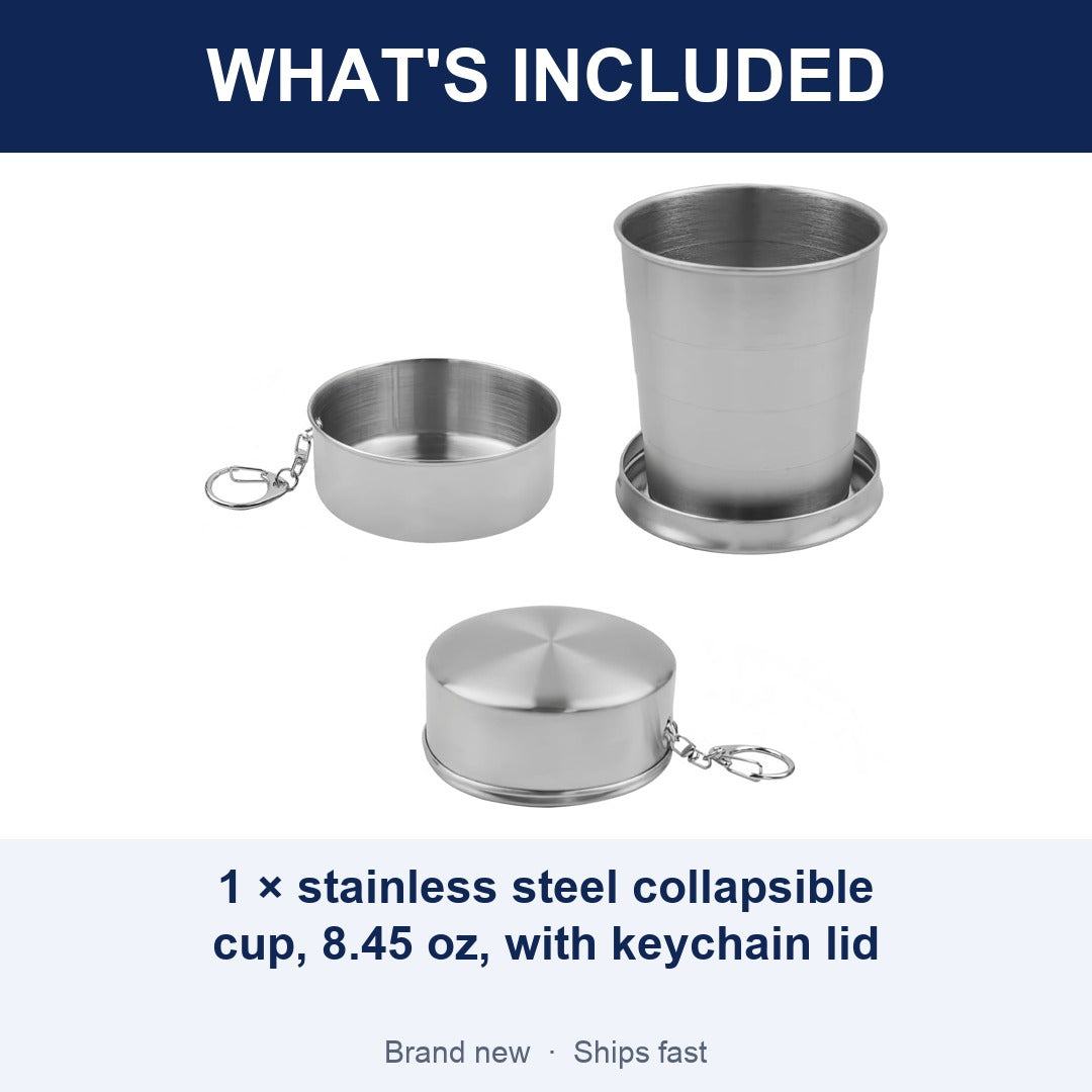 Stainless Steel Collapsible Travel Cup with Keychain Lid, 8.45 oz Folding Camping Mug