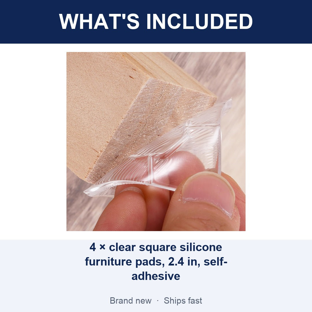 4-Pack Clear Silicone Furniture Pads, 2.4 Inch Square Non-Slip Self-Adhesive Feet