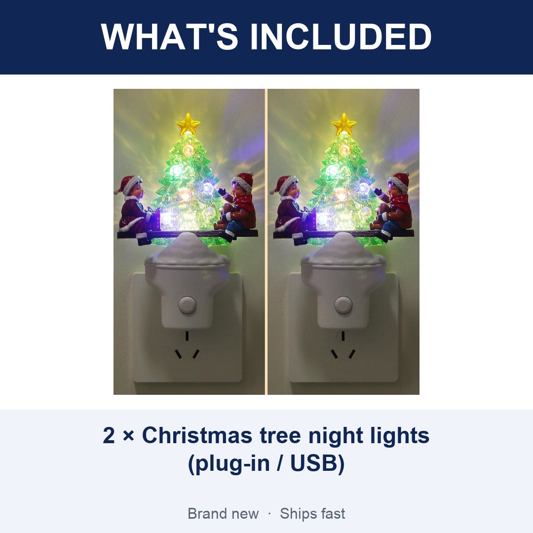 2-Pack Christmas Tree Night Lights, Plug-In LED Holiday Nightlight with USB Option