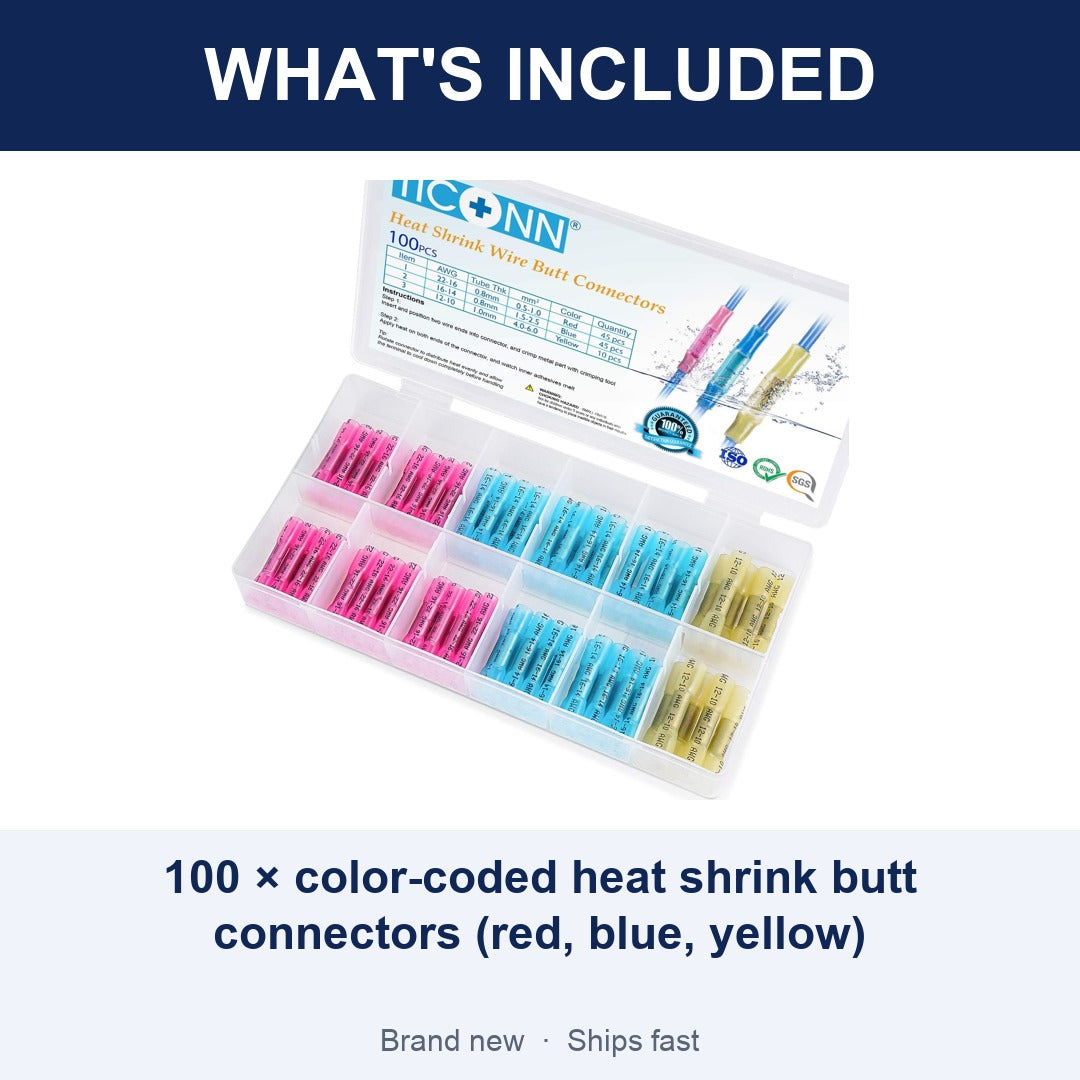 100-Piece Heat Shrink Butt Connectors Kit, Waterproof Crimp Splice Terminals, 22-10 AWG