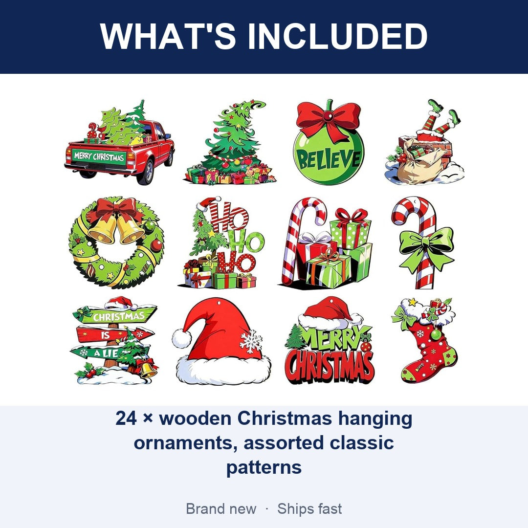 24-Piece Wooden Christmas Hanging Ornaments, Green Tree Decorations in Classic Patterns