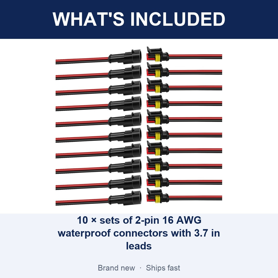 10-Set Waterproof Automotive Electrical Connectors, 16 AWG 2 Pin with Leads