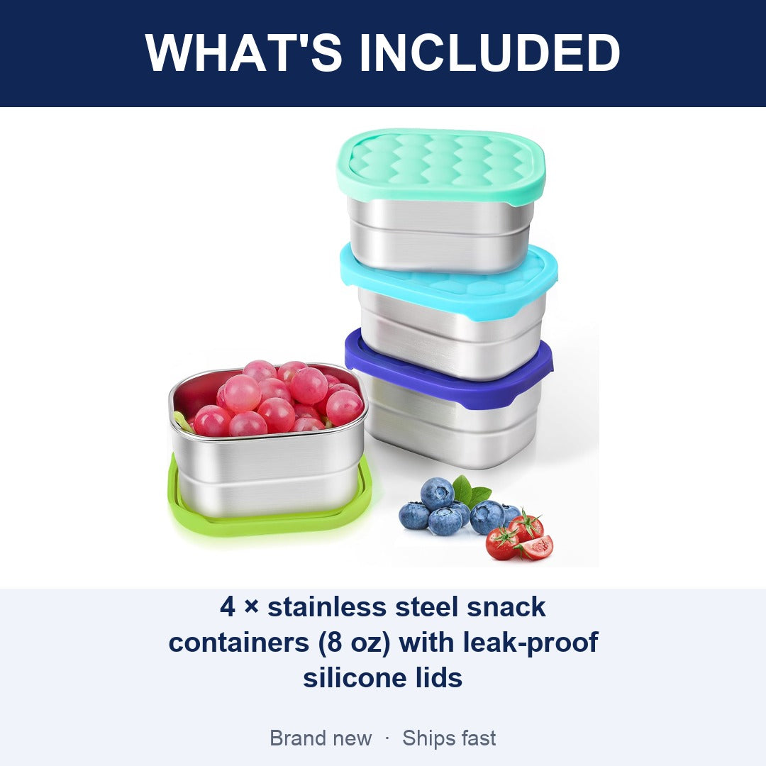 4-Pack Stainless Steel Snack Containers with Silicone Lids, 8 oz Leakproof Kids Cups