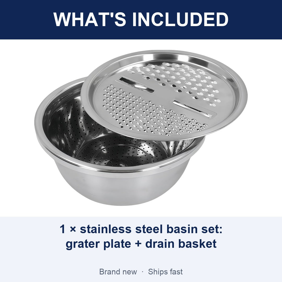 3-in-1 Stainless Steel Grater, Strainer and Drain Basket Salad Bowl, 10.5 Inch