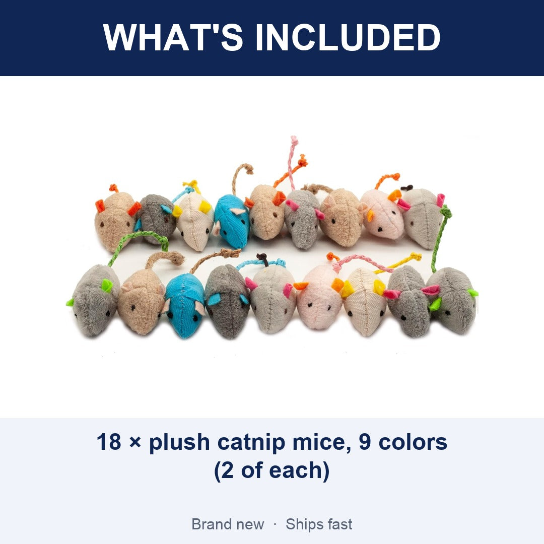 18-Pack Plush Catnip Mice Cat Toys, 9 Assorted Colors, 2 of Each