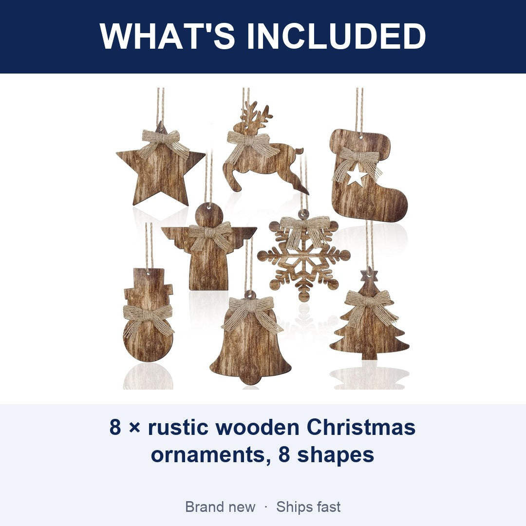 8-Piece Rustic Wooden Christmas Tree Ornaments, Vintage Farmhouse Hanging Decorations