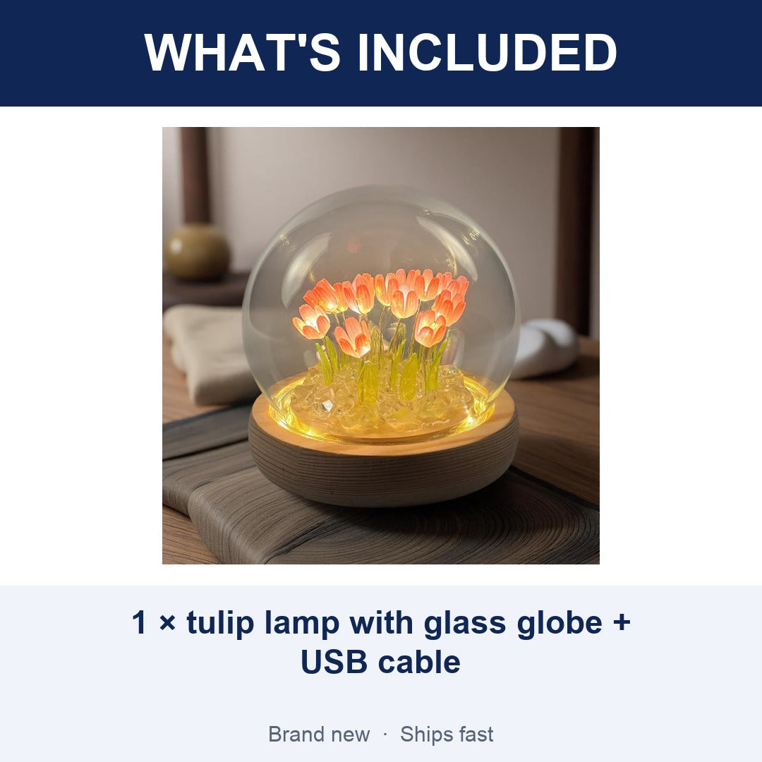 Tulip Flower Lamp with Glass Globe, LED Night Light Gift for Mom, Bedroom & Desk Decor