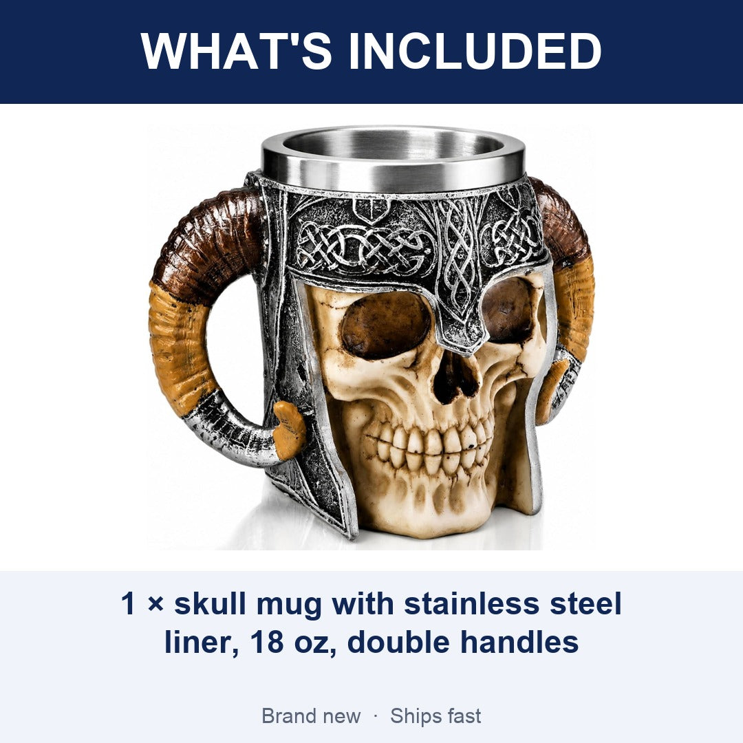 Stainless Steel Skull Mug, 18 oz Viking Skeleton Beer Stein with Double Handles