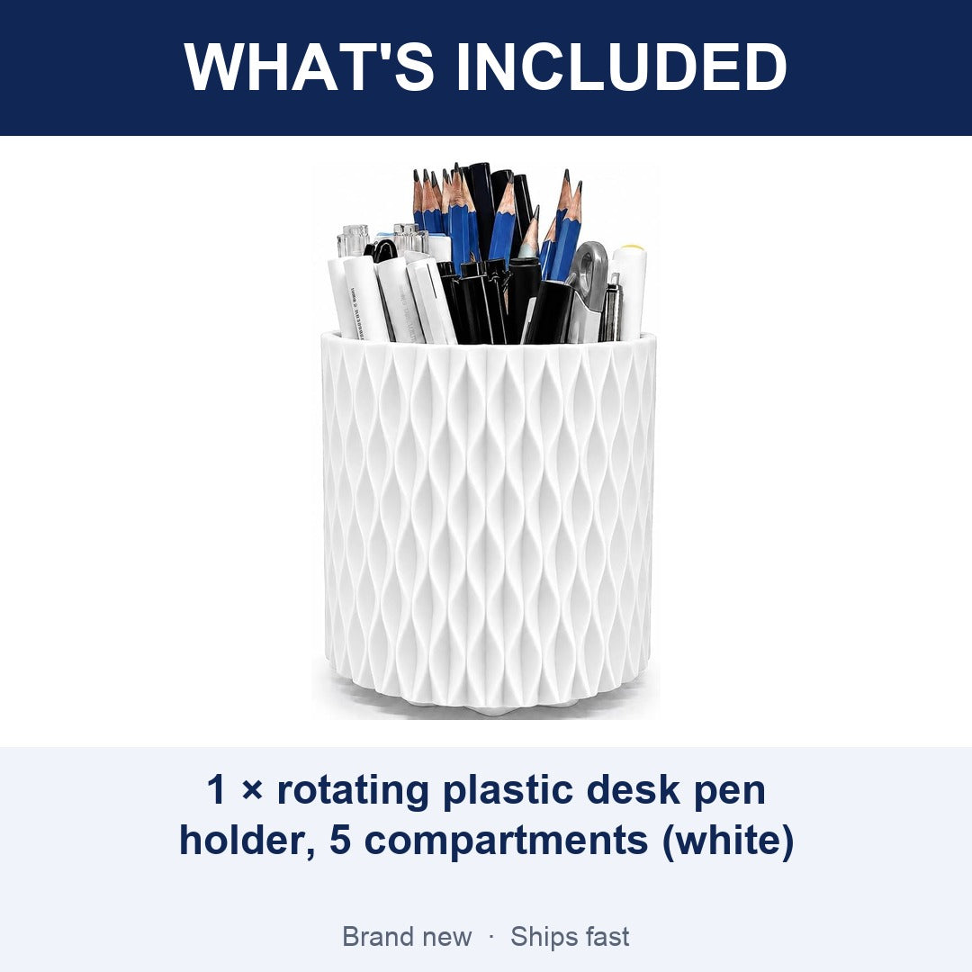 360 Rotating Desk Pen Holder, White Ripple Pattern 5-Compartment Pencil Cup