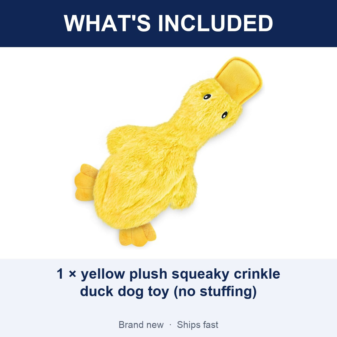 Squeaky Crinkle Duck Dog Toy, No-Stuffing Plush, Yellow