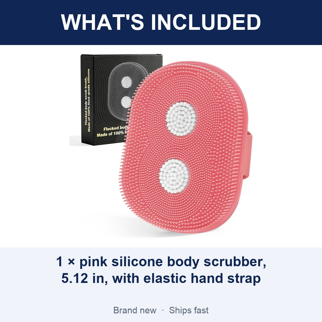 Silicone Body Scrubber with Flocked Bristles and Hand Strap, 5 Inch Pink