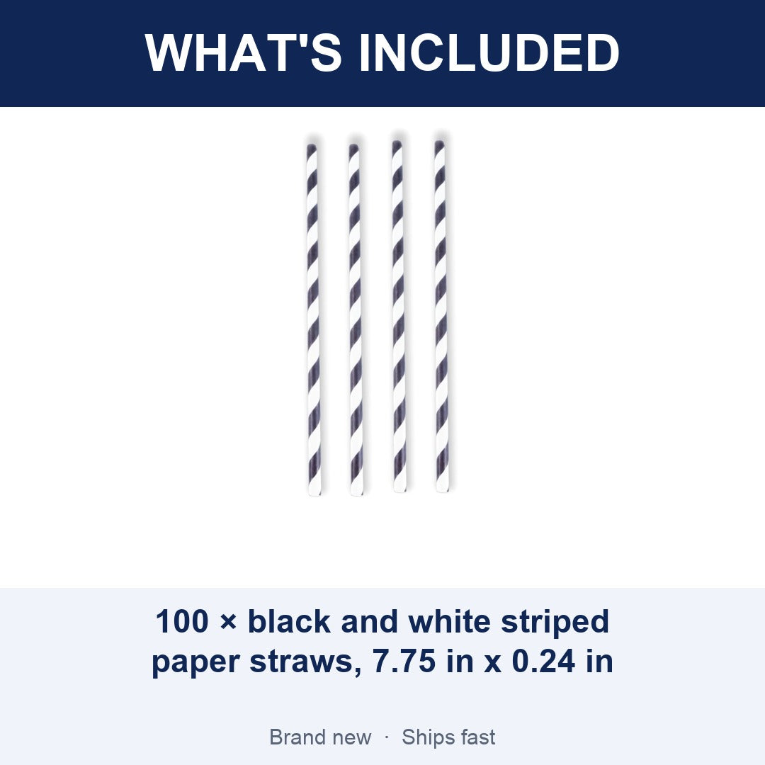 100-Pack Black and White Striped Paper Straws, 7.75 Inch Compostable Drinking Straws