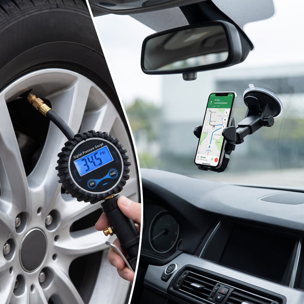 Road Ready Kit: 250 PSI Digital Tire Inflator Pressure Gauge + 360 Windshield Phone Mount