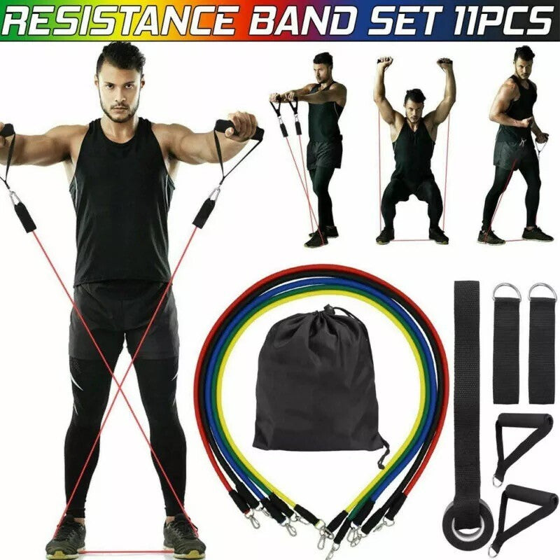 Home Gym Kit: 11 Piece Resistance Band Set + Ball Bearing Speed Jump Rope