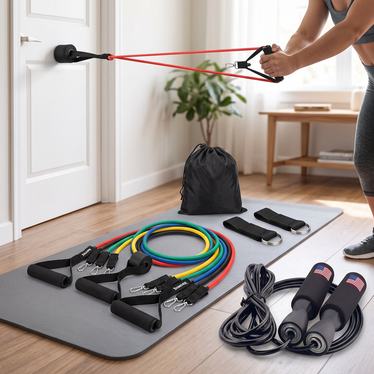 Home Gym Kit: 11 Piece Resistance Band Set + Ball Bearing Speed Jump Rope