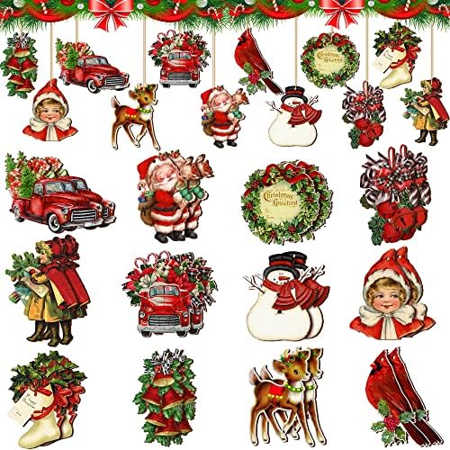 24-Piece Vintage Wooden Christmas Hanging Ornaments, 12 Styles