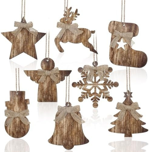 8-Piece Rustic Wooden Christmas Tree Ornaments, Vintage Farmhouse Hanging Decorations