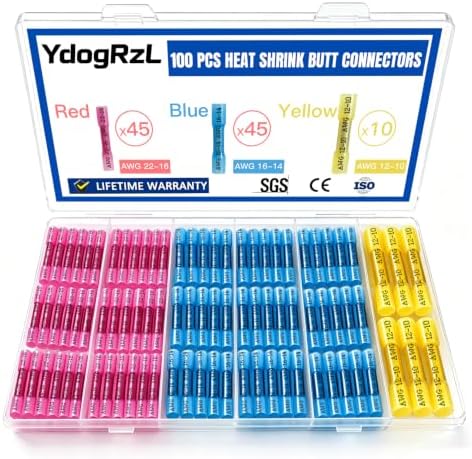 100-Piece Heat Shrink Wire Butt Connectors Kit, 22-10 Gauge Waterproof Splice Set
