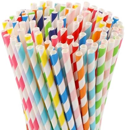 100-Pack Rainbow Striped Paper Straws, 10 Assorted Colors, Biodegradable Drinking Straws