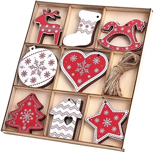 32-Piece Rustic Wooden Christmas Tree Hanging Ornaments, 16 Farmhouse Styles