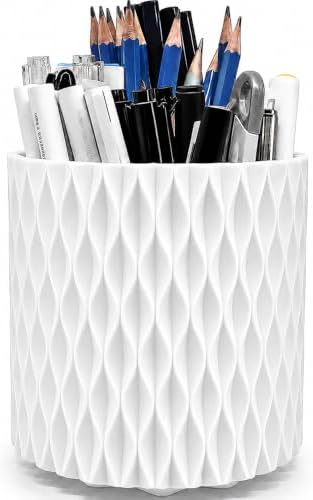 360 Rotating Desk Pen Holder, White Ripple Pattern 5-Compartment Pencil Cup