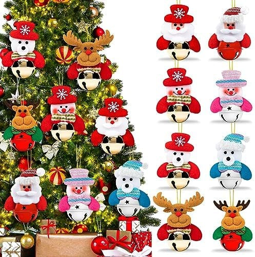 8-Piece Christmas Plush Bell Ornament Set, Santa and Bear Hanging Decorations