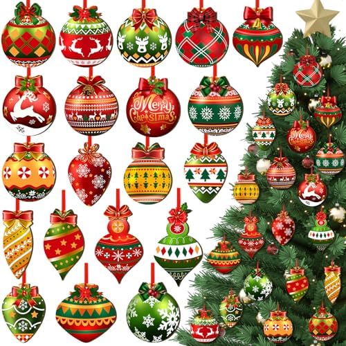 40-Piece Wooden Christmas Ball Ornaments, Red, Green and Gold Hanging Tree Decor