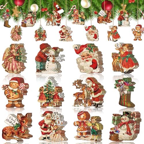 36-Piece Retro Wooden Christmas Tree Ornaments, Vintage Hanging Decor, Assorted Designs