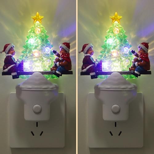 2-Pack Christmas Tree Night Lights, Plug-In LED Holiday Nightlight with USB Option